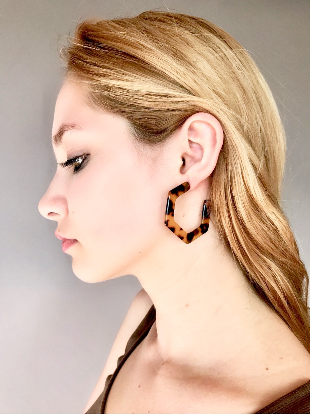 Fashion Jewelry Brown Tortoise Hexagon Hoop Earrings